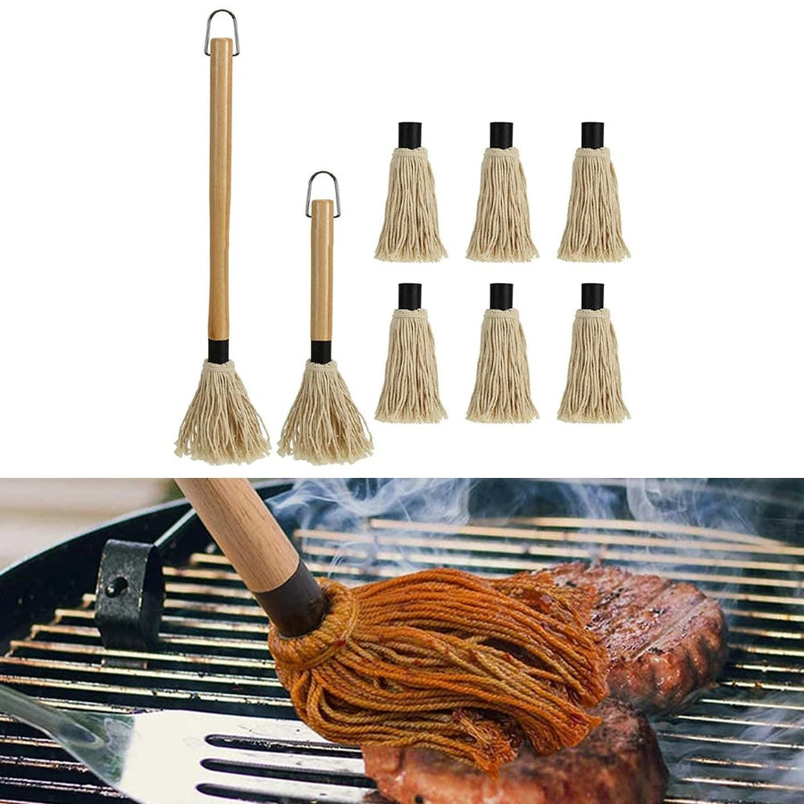BBQ Basting Mop Cotton Fibre and Wood Sauce Glaze Brush for Grilling and Smoking