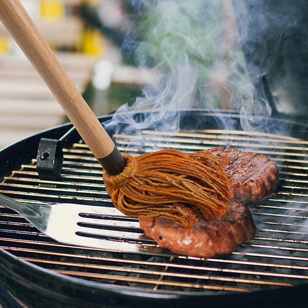 BBQ Basting Mop Cotton Fibre and Wood Sauce Glaze Brush for Grilling and Smoking