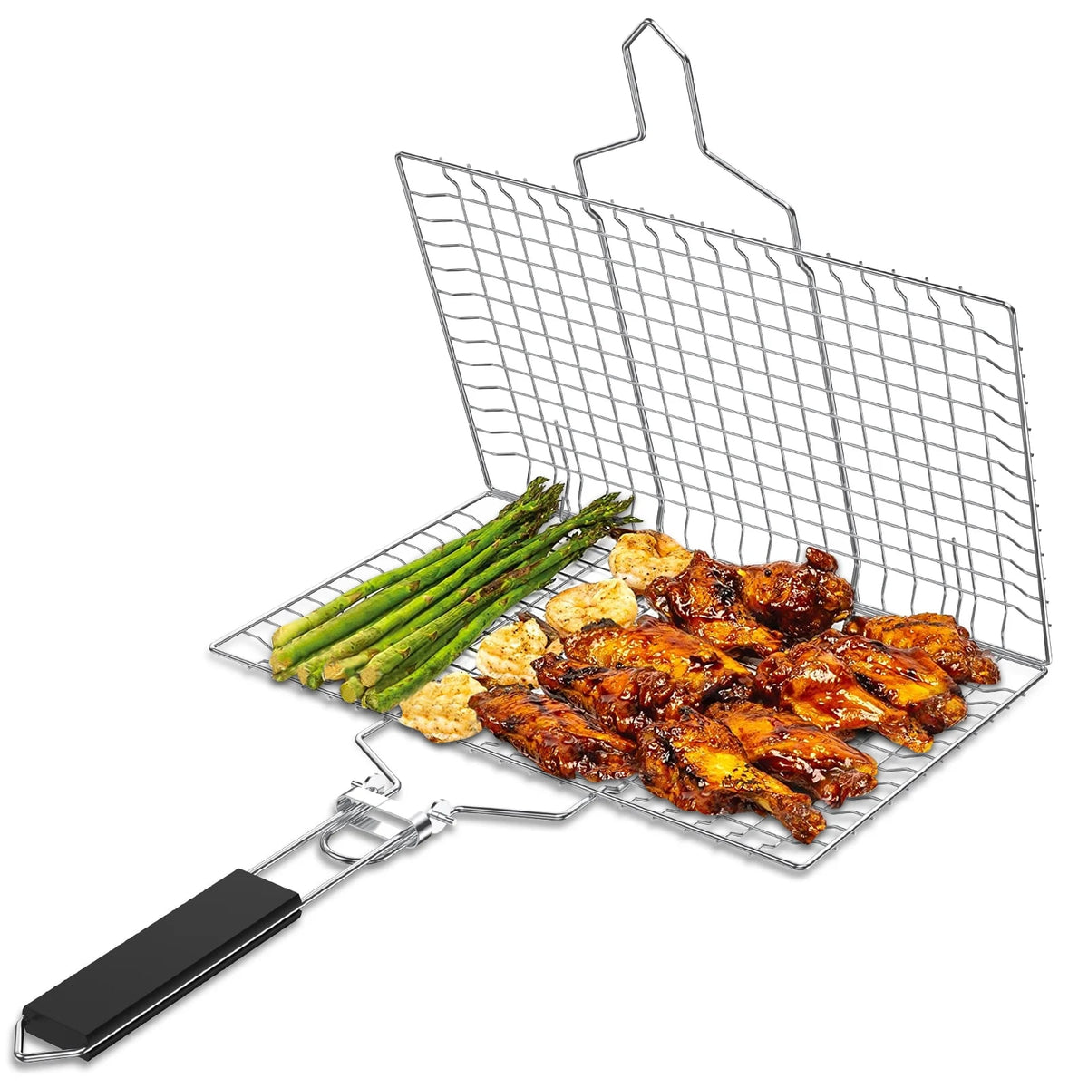 Stainless Steel Grill Basket with Locking Lid, Foldable Handle and Two Sizes