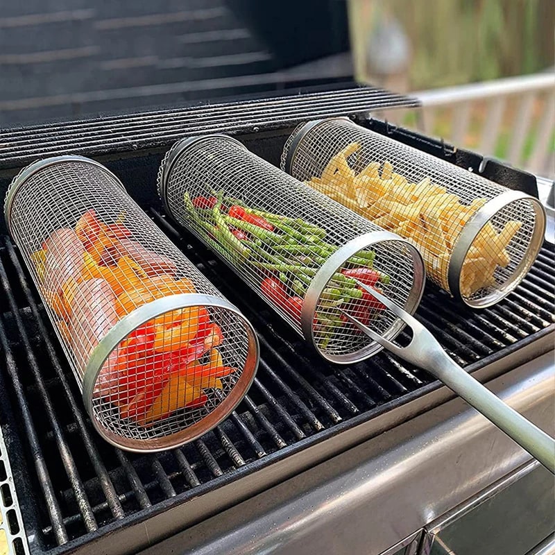 Stainless Steel BBQ Grill Basket Cage, Rolling Round Food Basket, 20.5 or 30.5cm
