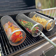 Stainless Steel BBQ Grill Basket Cage, Rolling Round Food Basket, 20.5 or 30.5cm