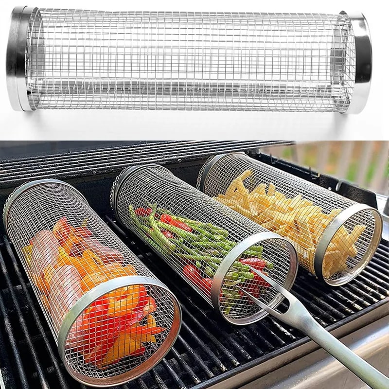 Stainless Steel BBQ Grill Basket Cage, Rolling Round Food Basket, 20.5 or 30.5cm
