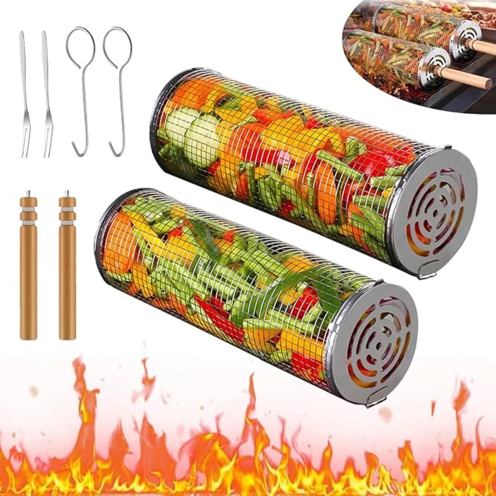 Rolling BBQ Grill Basket with Removable Wooden Handle, Stainless Steel, S or L