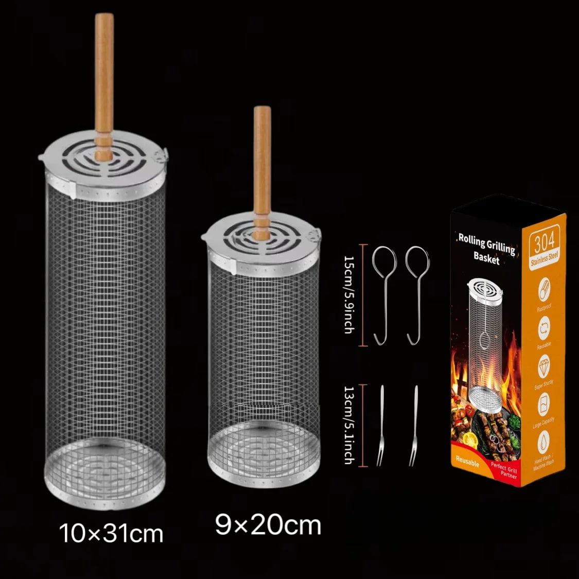Rolling BBQ Grill Basket with Removable Wooden Handle, Stainless Steel, S or L - 6PCS S-L