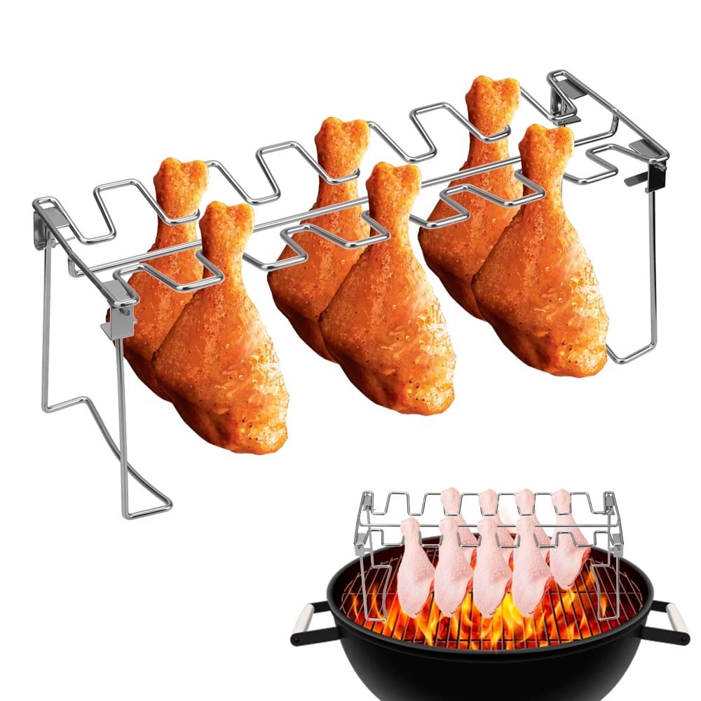Stainless Steel 14-Slot Chicken Leg BBQ Grill Rack, 34.8cm