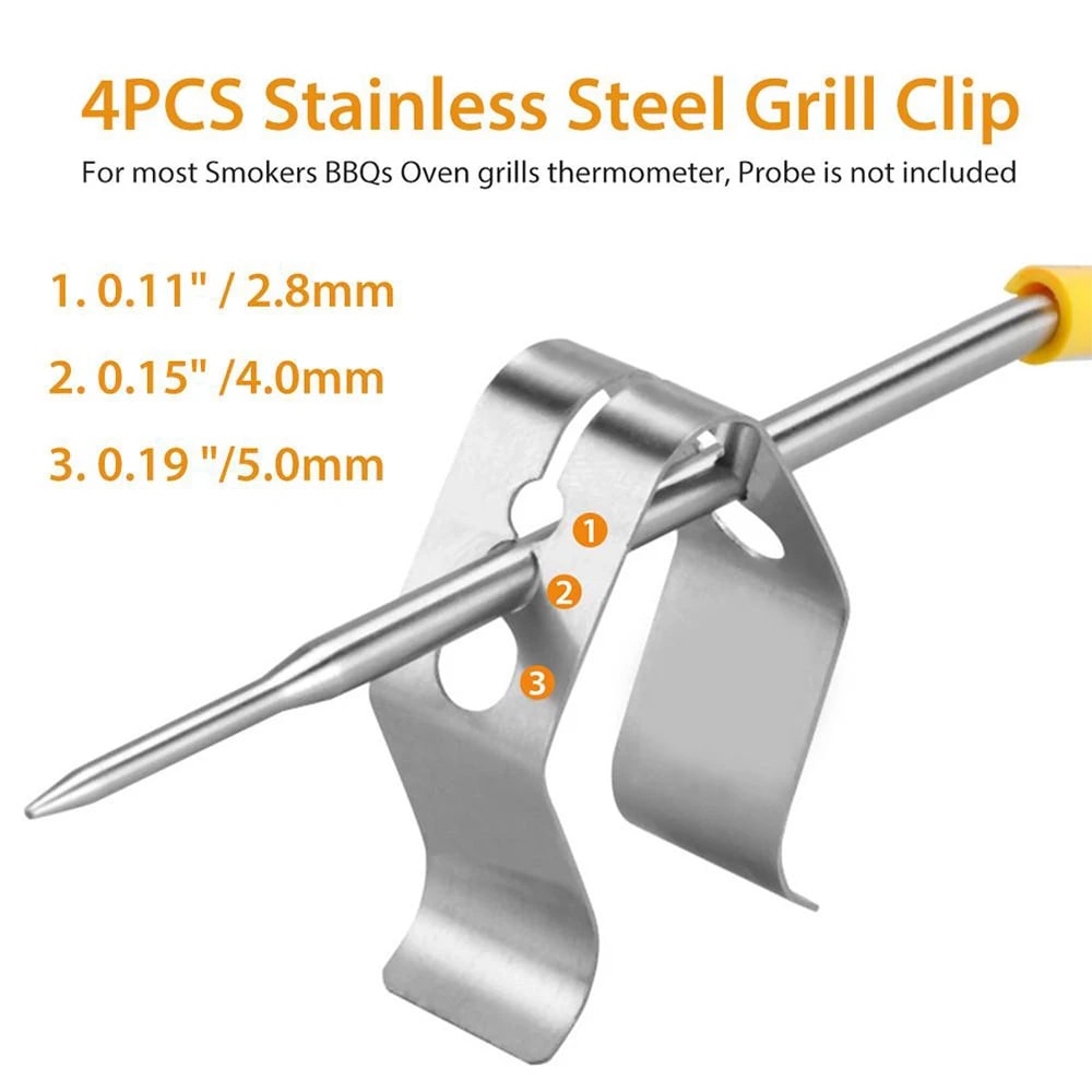Stainless Steel BBQ Thermometer Probe Clips, 4-Piece Set, 2.8/4/5mm Openings