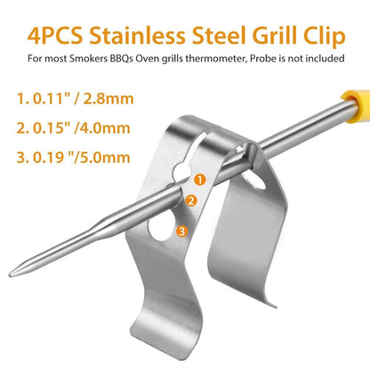 Stainless Steel BBQ Thermometer Probe Clips, 4-Piece Set, 2.8/4/5mm Openings