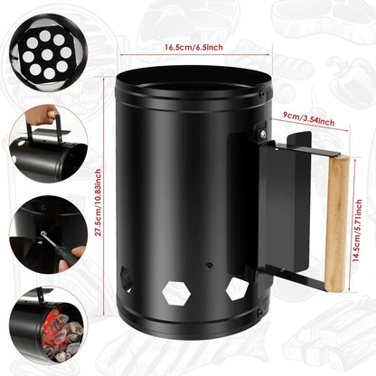 Charcoal Chimney Starter, Black Iron Barbecue Charcoal Lighter with Wooden Handle, 27.5cm