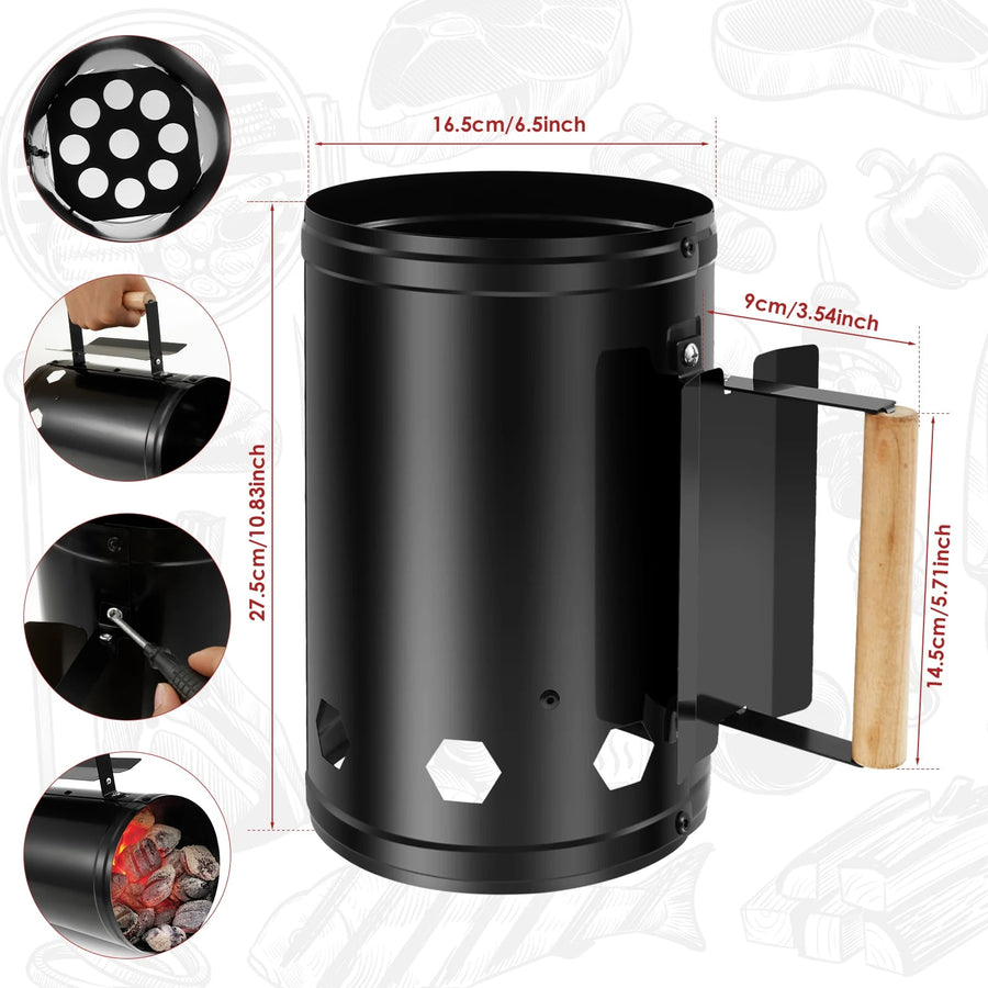 Charcoal Chimney Starter, Black Iron Barbecue Charcoal Lighter with Wooden Handle, 27.5cm