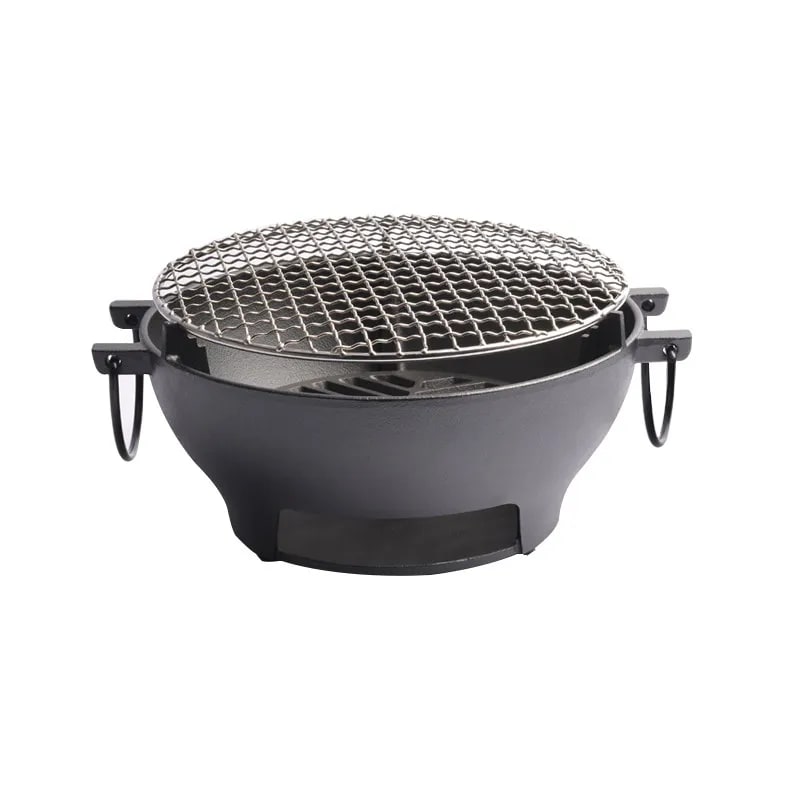 Round Charcoal Grill Barbecue Stove, Cast Iron and Stainless Steel, 22/24/26cm, Black