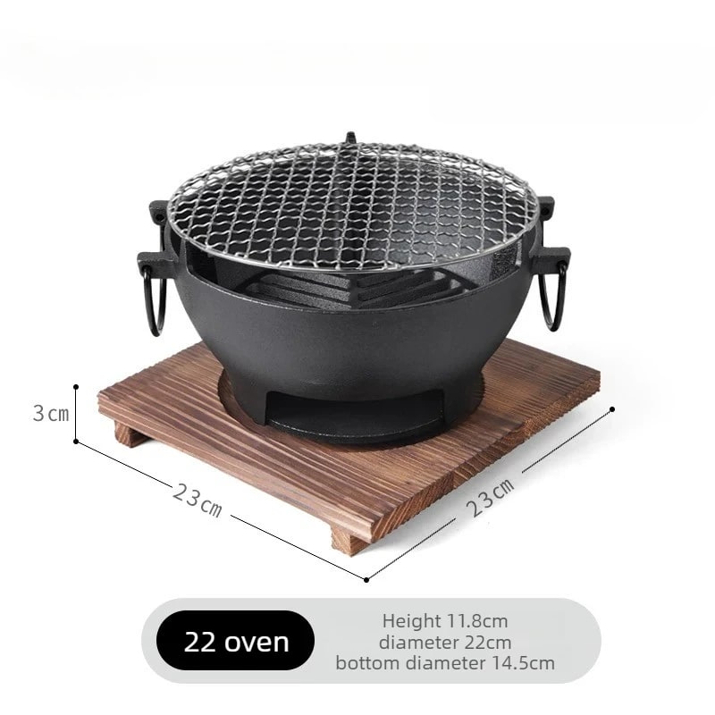 Round Charcoal Grill Barbecue Stove, Cast Iron and Stainless Steel, 22/24/26cm, Black