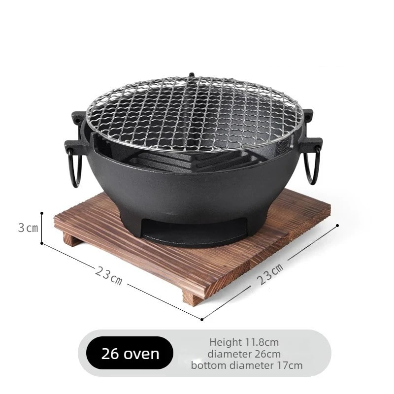 Round Charcoal Grill Barbecue Stove, Cast Iron and Stainless Steel, 22/24/26cm, Black - 26