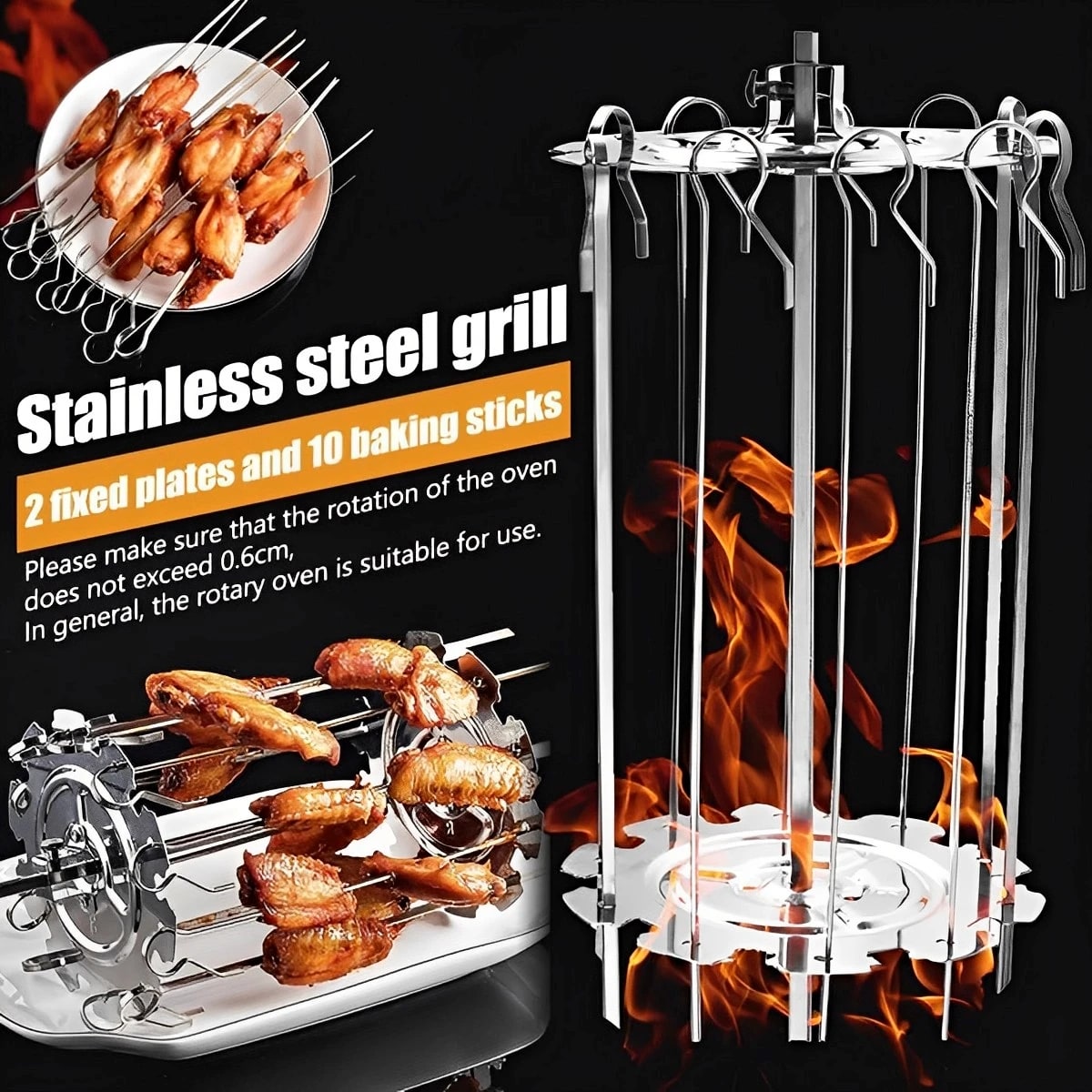 Stainless Steel Oven Grill Cage with 10 Skewers, 25cm Rotisserie Roaster