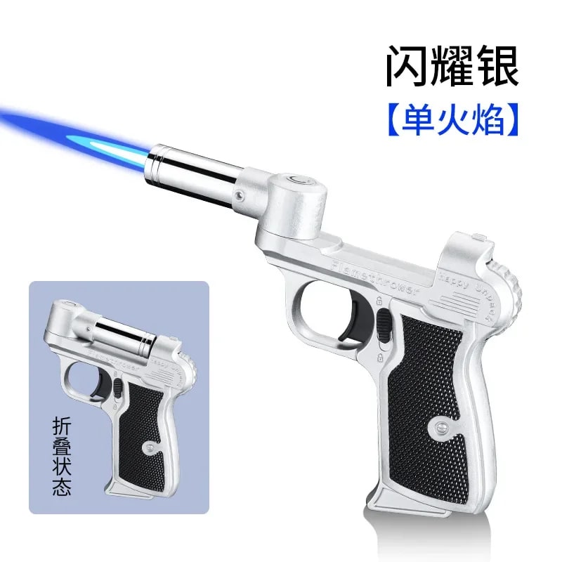 Foldable Butane Gas Lighter with Safety Lock, Windproof Blue Flame - silver