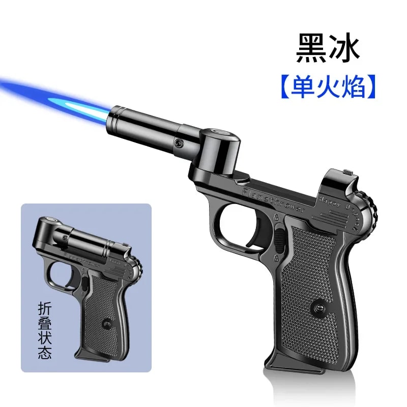 Foldable Butane Gas Lighter with Safety Lock, Windproof Blue Flame - black