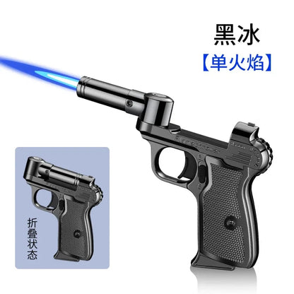 Foldable Butane Gas Lighter with Safety Lock, Windproof Blue Flame - black