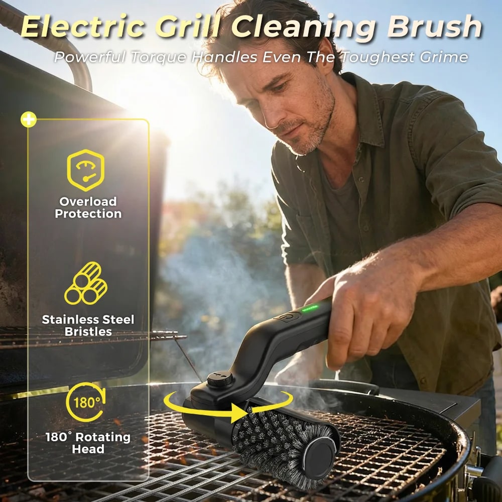 Motorised Electric BBQ Grill Cleaning Brush with Stainless Steel Bristles, 3 Speeds and 180° Head