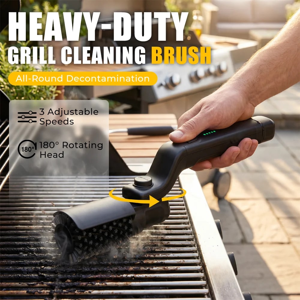 Motorised Electric BBQ Grill Cleaning Brush with Stainless Steel Bristles, 3 Speeds and 180° Head