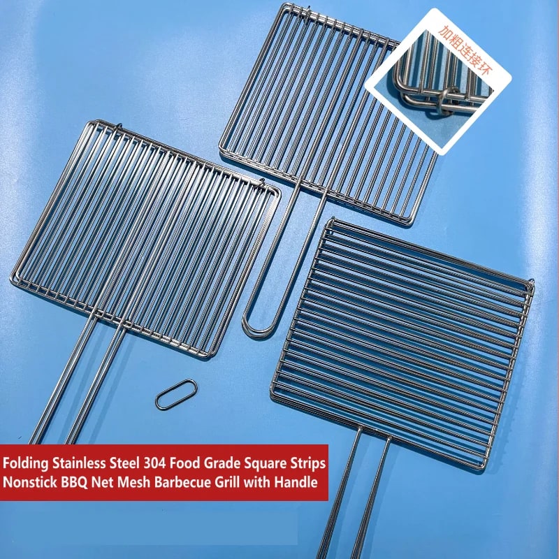 304 Stainless Steel BBQ Grill Basket with Long Handle, Folding Square Mesh