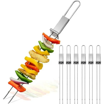 Stainless Steel Double Skewer BBQ Fork with Push Plate, 33.5cm