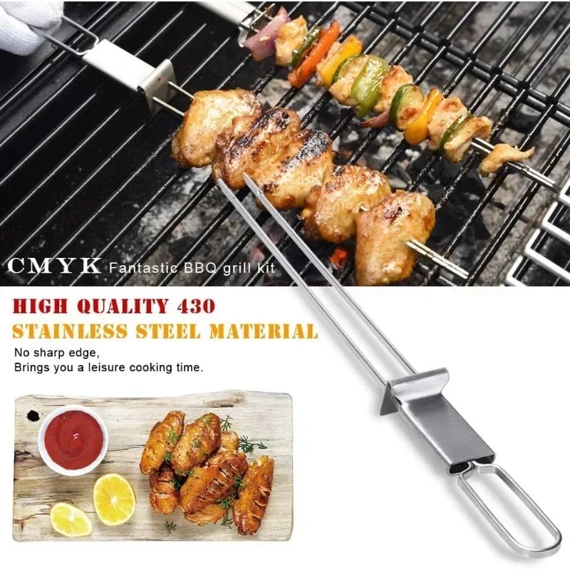 Stainless Steel Double Skewer BBQ Fork with Push Plate, 33.5cm