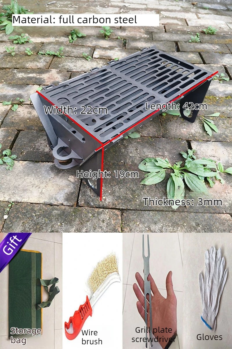 Portable Folding Charcoal BBQ Grill, Carbon Steel Body, Stainless Steel Grate, 2 Sizes - 42x22x19cm