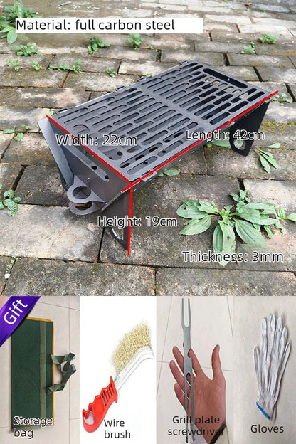 Portable Folding Charcoal BBQ Grill, Carbon Steel Body, Stainless Steel Grate, 2 Sizes - 42x22x19cm