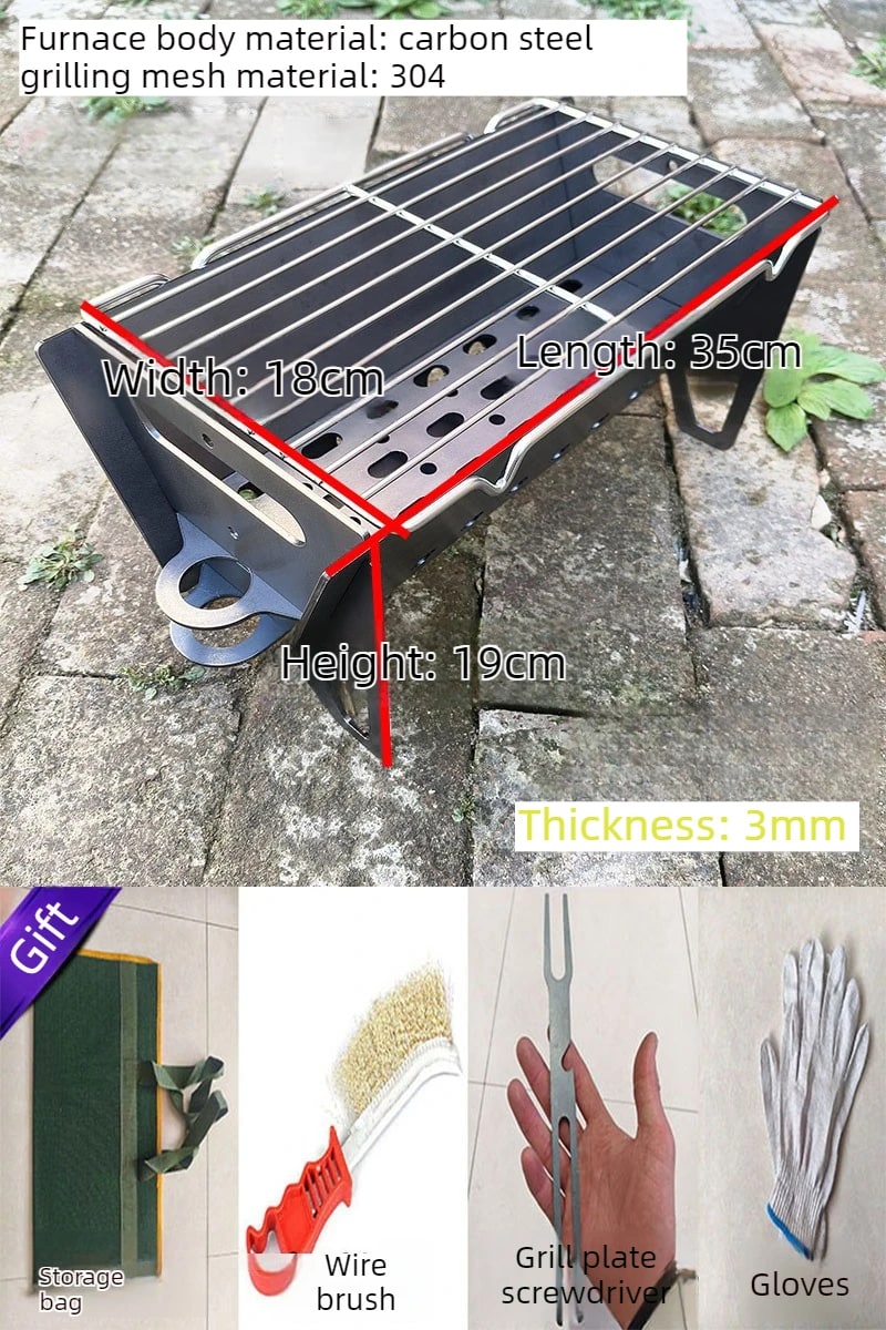 Portable Folding Charcoal BBQ Grill, Carbon Steel Body, Stainless Steel Grate, 2 Sizes - 35x18x19cm