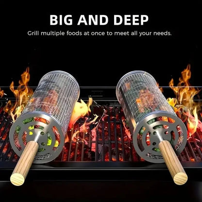 Round Stainless Steel BBQ Grill Basket, Rolling Cylinder, Small or Large