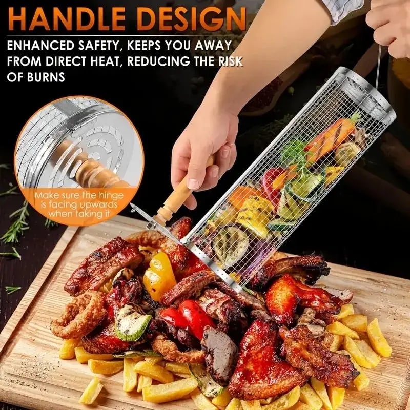 Round Stainless Steel BBQ Grill Basket, Rolling Cylinder, Small or Large