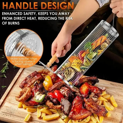 Round Stainless Steel BBQ Grill Basket, Rolling Cylinder, Small or Large