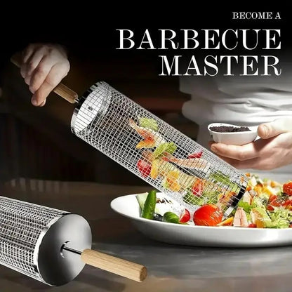 Round Stainless Steel BBQ Grill Basket, Rolling Cylinder, Small or Large