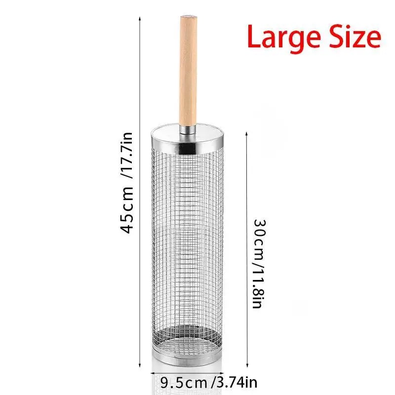 Round Stainless Steel BBQ Grill Basket, Rolling Cylinder, Small or Large - large size