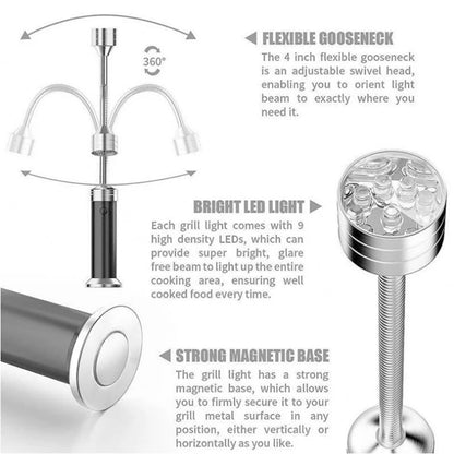 BBQ Grill Light, 9 LED, 360° Flexible Gooseneck, Magnetic Base, 75 Lumens, Black