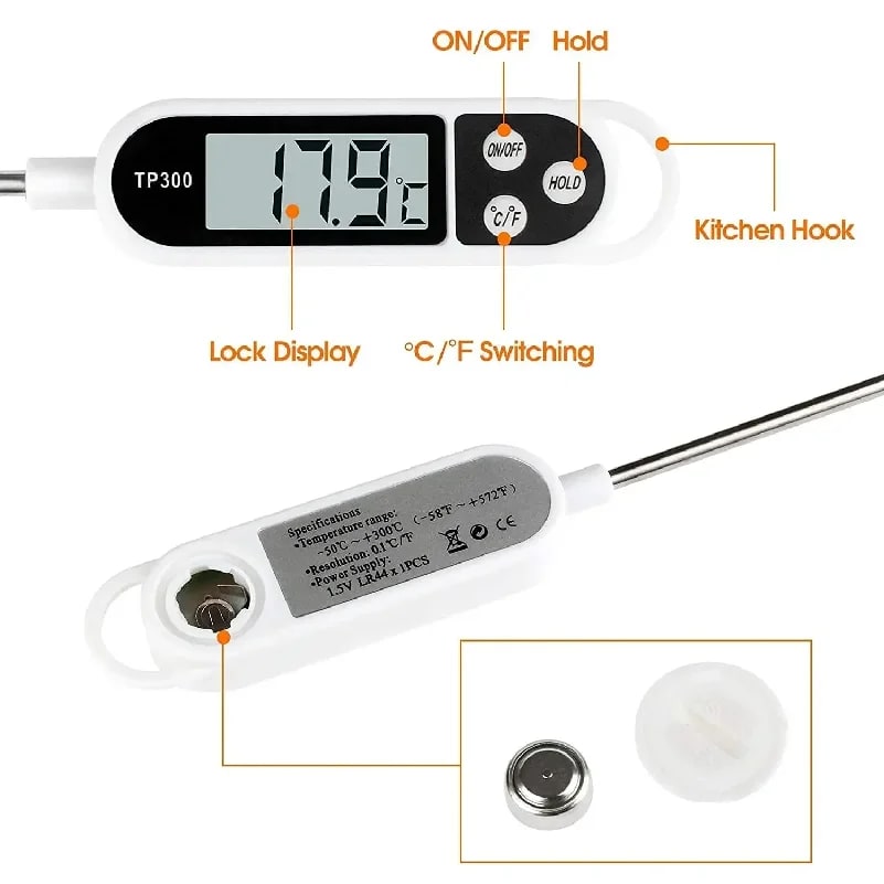 Digital Kitchen Thermometer with 304 Stainless Steel Probe, LCD Display