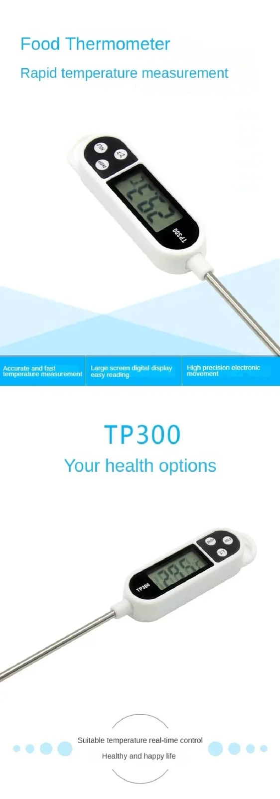 Digital Kitchen Thermometer with 304 Stainless Steel Probe, LCD Display
