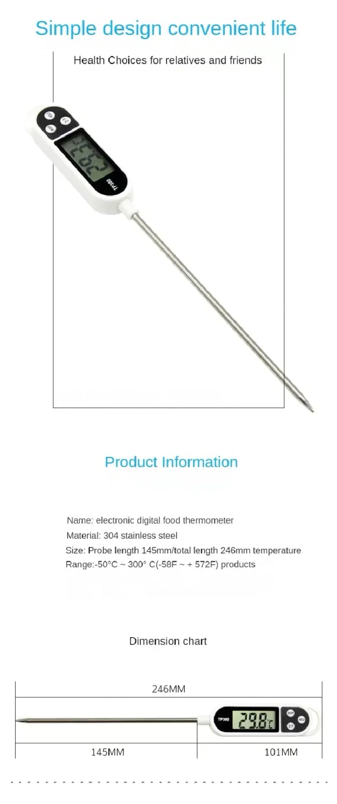 Digital Kitchen Thermometer with 304 Stainless Steel Probe, LCD Display