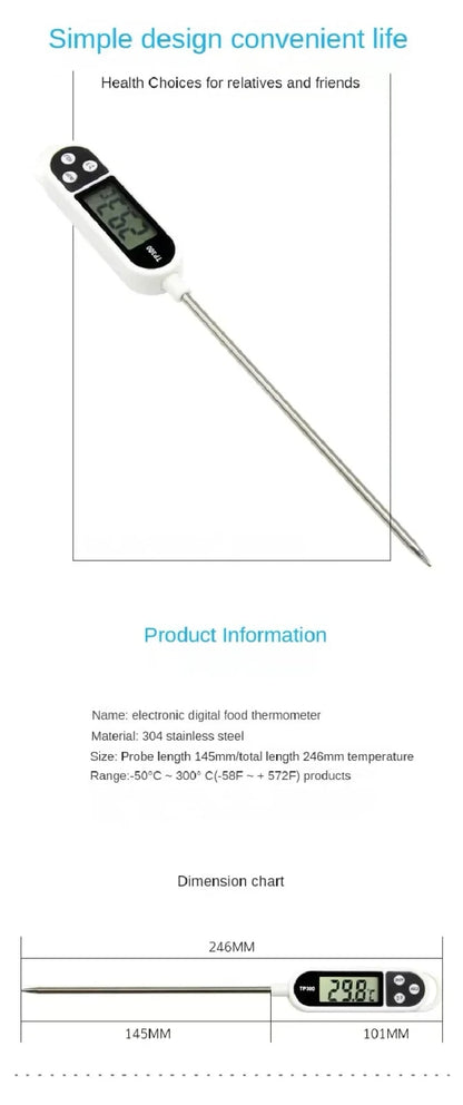 Digital Kitchen Thermometer with 304 Stainless Steel Probe, LCD Display