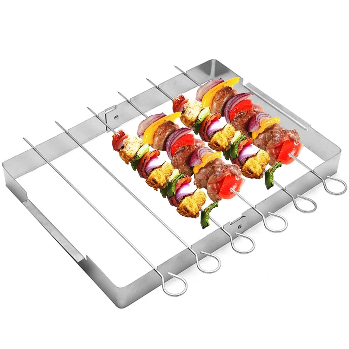 Stainless Steel BBQ Skewer Rack with 6 Skewers, Foldable Rotating Grill Rack
