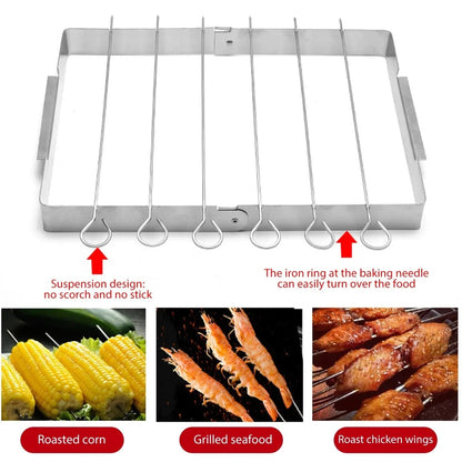 Stainless Steel BBQ Skewer Rack with 6 Skewers, Foldable Rotating Grill Rack