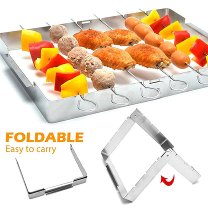 Stainless Steel BBQ Skewer Rack with 6 Skewers, Foldable Rotating Grill Rack