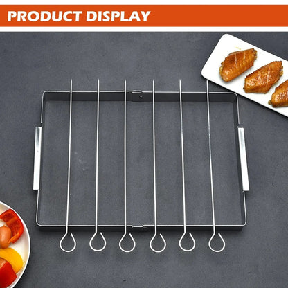 Stainless Steel BBQ Skewer Rack with 6 Skewers, Foldable Rotating Grill Rack
