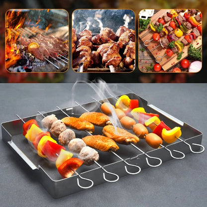 Stainless Steel BBQ Skewer Rack with 6 Skewers, Foldable Rotating Grill Rack