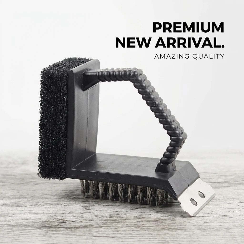 3-in-1 BBQ Grill Brush with Stainless Steel Scraper, Wire Bristles and Sponge