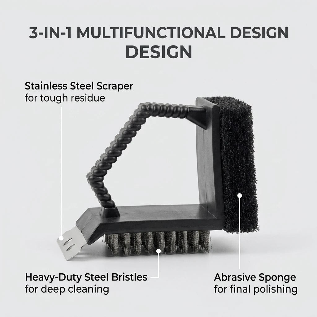 3-in-1 BBQ Grill Brush with Stainless Steel Scraper, Wire Bristles and Sponge