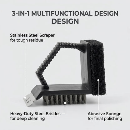 3-in-1 BBQ Grill Brush with Stainless Steel Scraper, Wire Bristles and Sponge