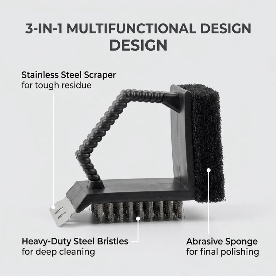 3-in-1 BBQ Grill Brush with Stainless Steel Scraper, Wire Bristles and Sponge