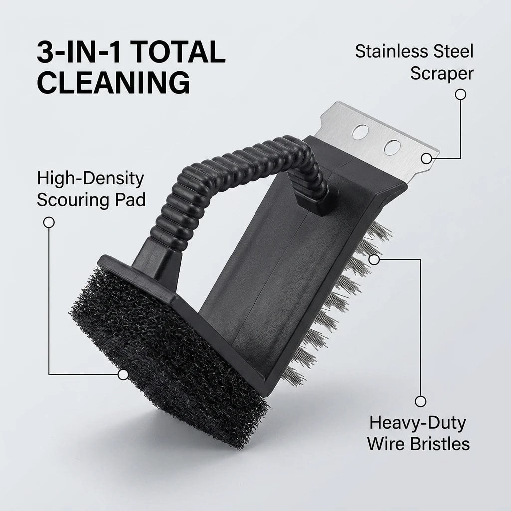 3-in-1 BBQ Grill Brush with Stainless Steel Scraper, Wire Bristles and Sponge
