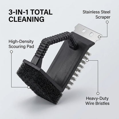 3-in-1 BBQ Grill Brush with Stainless Steel Scraper, Wire Bristles and Sponge