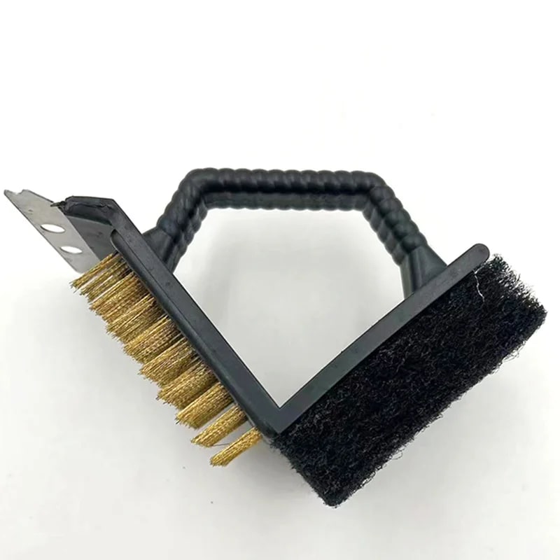 3-in-1 BBQ Grill Brush with Stainless Steel Scraper, Wire Bristles and Sponge - Gold